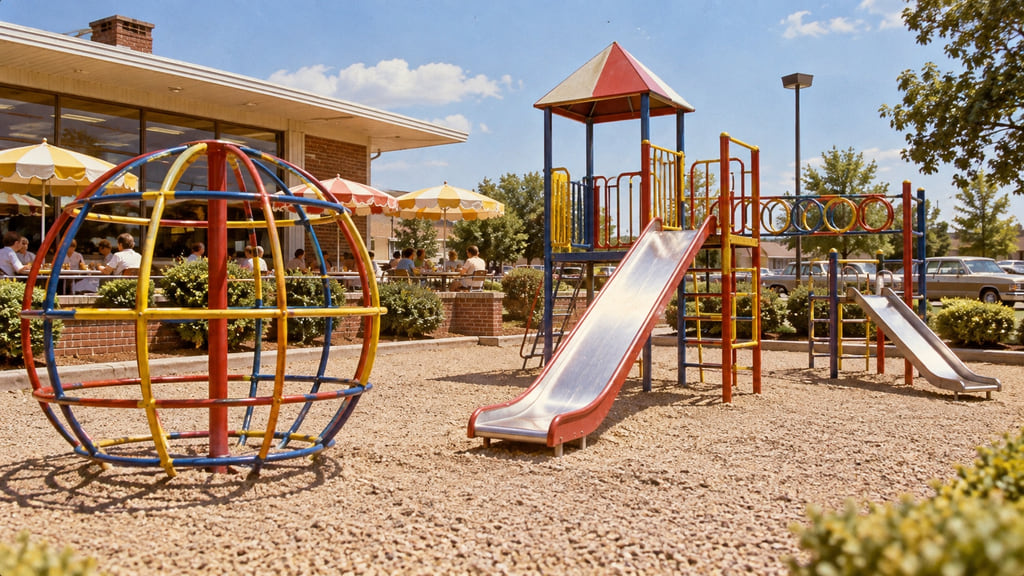 Nostalgic early-1980s outdoor restaurant playground with colorful metal climbing equipment.