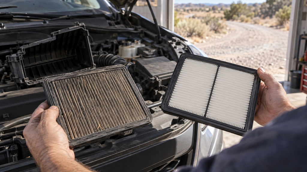 Technician comparing a dust-loaded engine air filter with a clean replacement beside an open airbox.