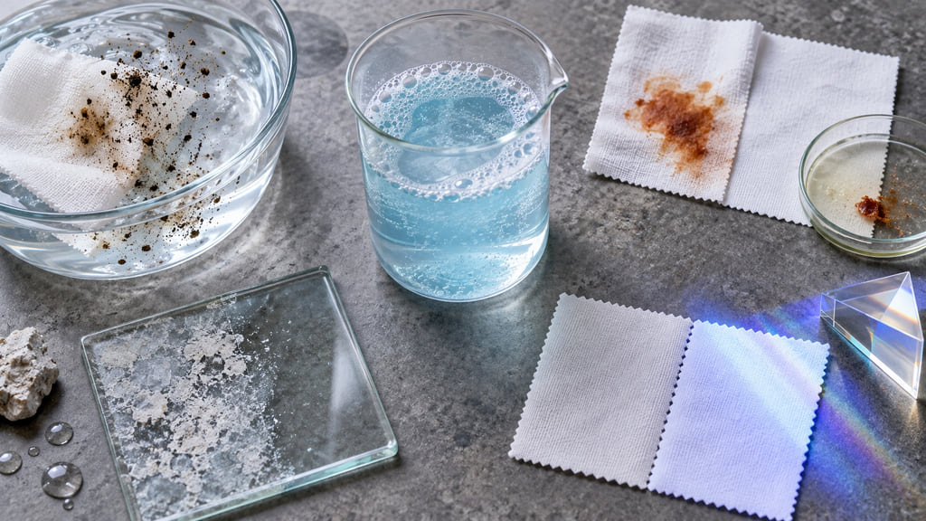 Laboratory still life with detergent solution, stained fabric samples, mineral residue, and bright white textile swatches.