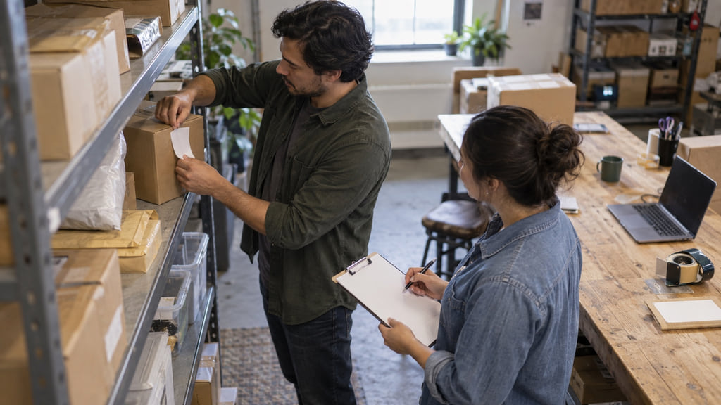 Team member replacing a mislabeled package while a colleague checks the corrected order.