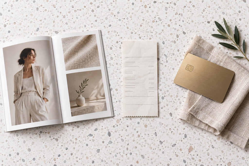 Editorial flat lay with a fashion catalog, receipt, payment card, and linen swatch arranged as three shopping channels.