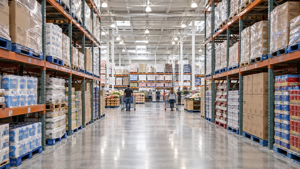 Spacious modern wholesale warehouse with wide aisles and shoppers in the distance.