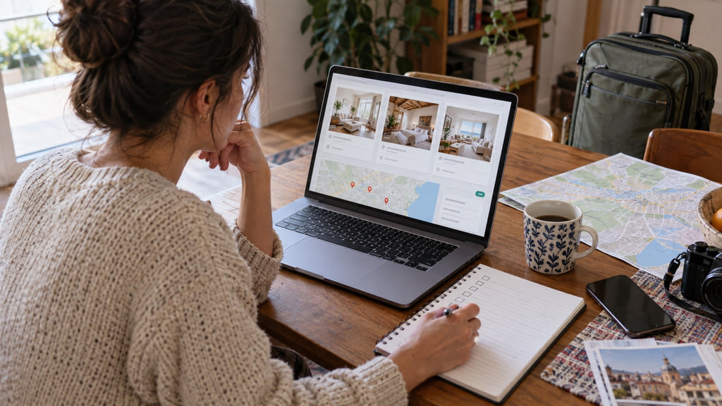 Traveler compares several vacation-rental listings on a laptop beside a handwritten booking checklist.