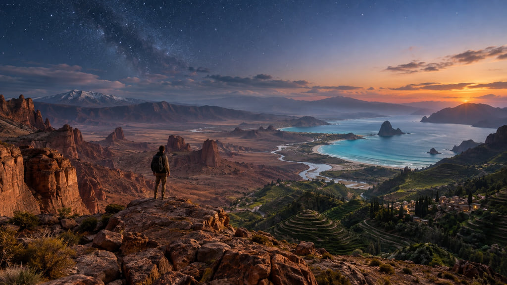 Illustrated panorama combining coast, desert, terraces, mountains, and a starry sky.