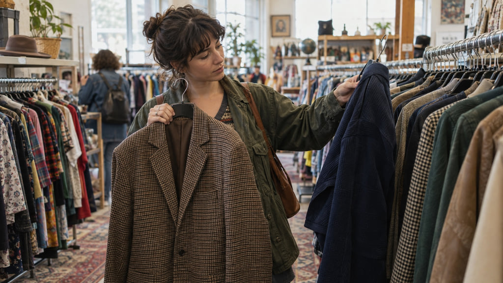 Shopper comparing two secondhand jackets on a crowded rack inside a bright neighborhood thrift store.