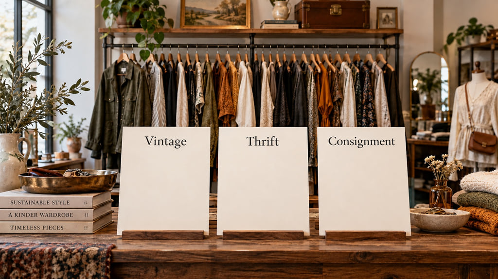 Vintage, Thrift, and Consignment cards beside a rack of secondhand clothing.