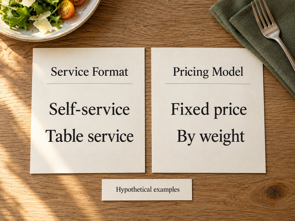 Two example menu cards separate self-service and table service from fixed-price and by-weight pricing.