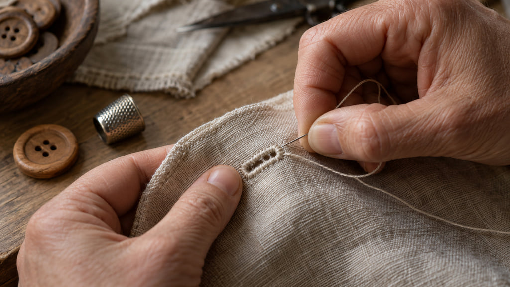 Tailor's hands stitching a reinforced buttonhole into natural linen beside a wooden button and metal thimble.