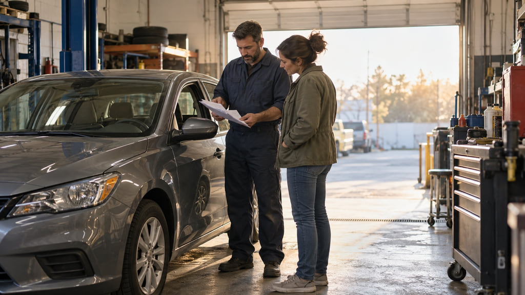 Mechanic and car owner reviewing a maintenance schedule beside an unbranded sedan in an independent garage.