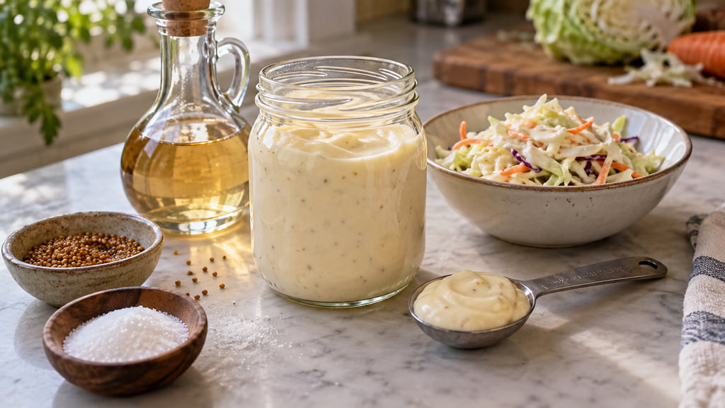 Sweet-tangy mayo-style dressing beside coleslaw, vinegar, mustard seed, sugar, and a tablespoon measure.