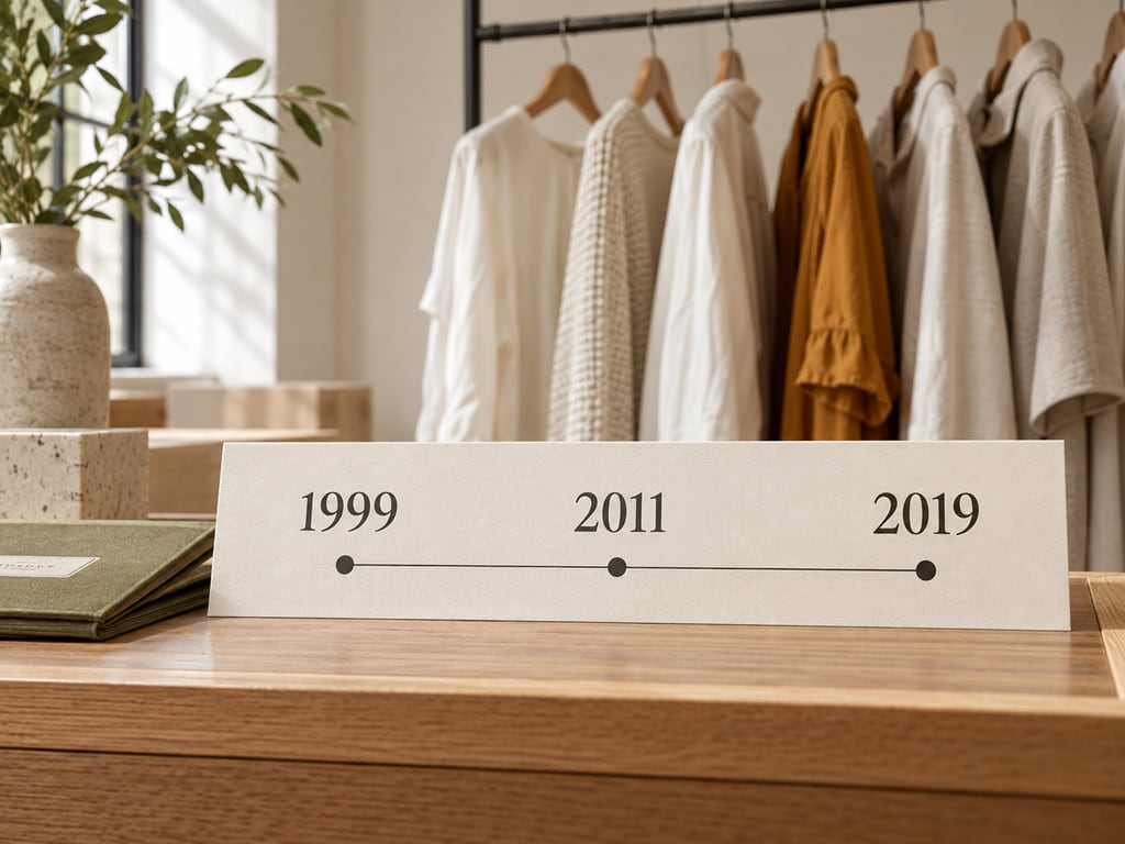 Paper timeline labeled 1999, 2011, and 2019 in front of a rail of neutral garments.