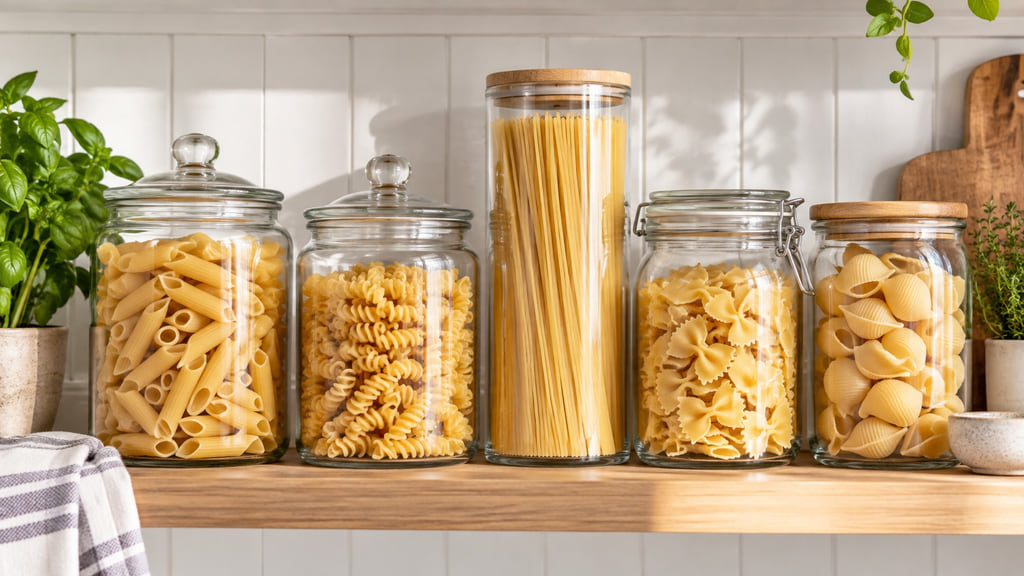 Clear pantry jars filled with spaghetti, penne, fusilli, farfalle, and shell pasta.