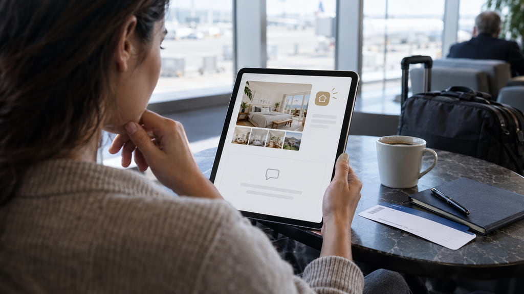 Traveler studies an unbranded rental profile with an empty review history and a new-listing note.