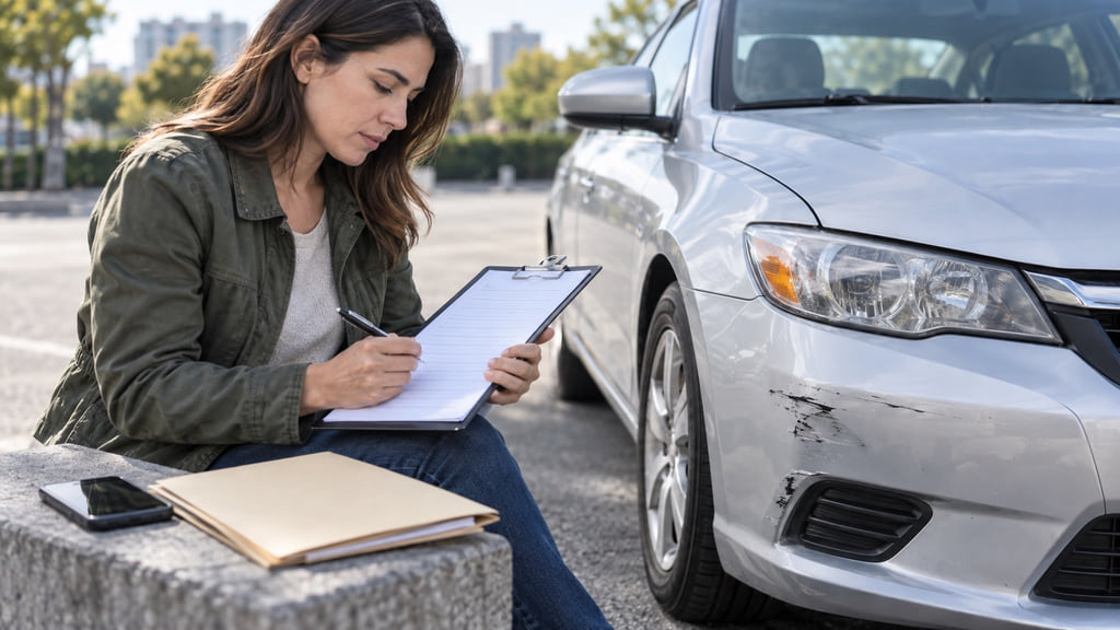 Driver reviewing unbranded claim documents beside a parked car with minor bumper damage.