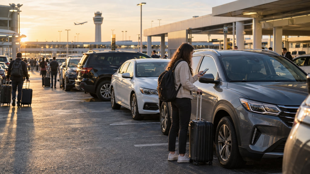 Editorial illustration of travelers choosing among unbranded rental cars at a busy American airport lot.