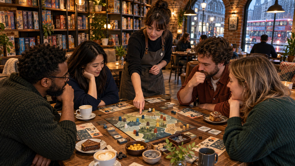 A cafe host explaining a cooperative board game to four adults around a wooden table.