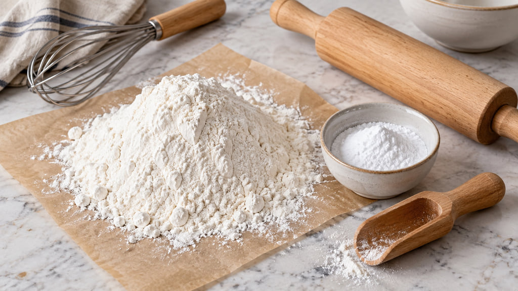 Flour, baking soda, wooden scoop, rolling pin, and whisk arranged on a pale kitchen counter.