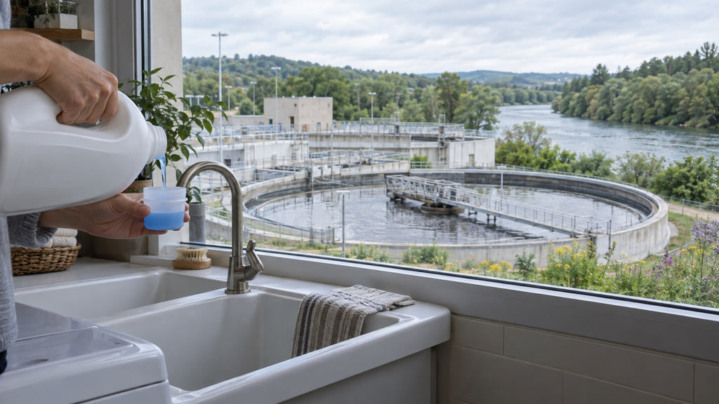 Measured detergent beside a utility sink with a municipal wastewater treatment basin and river landscape beyond.