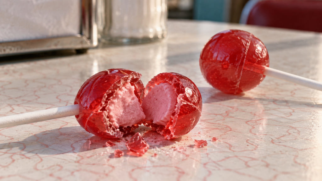 A red hard-candy lollipop broken open to reveal a pink bubble-gum center.
