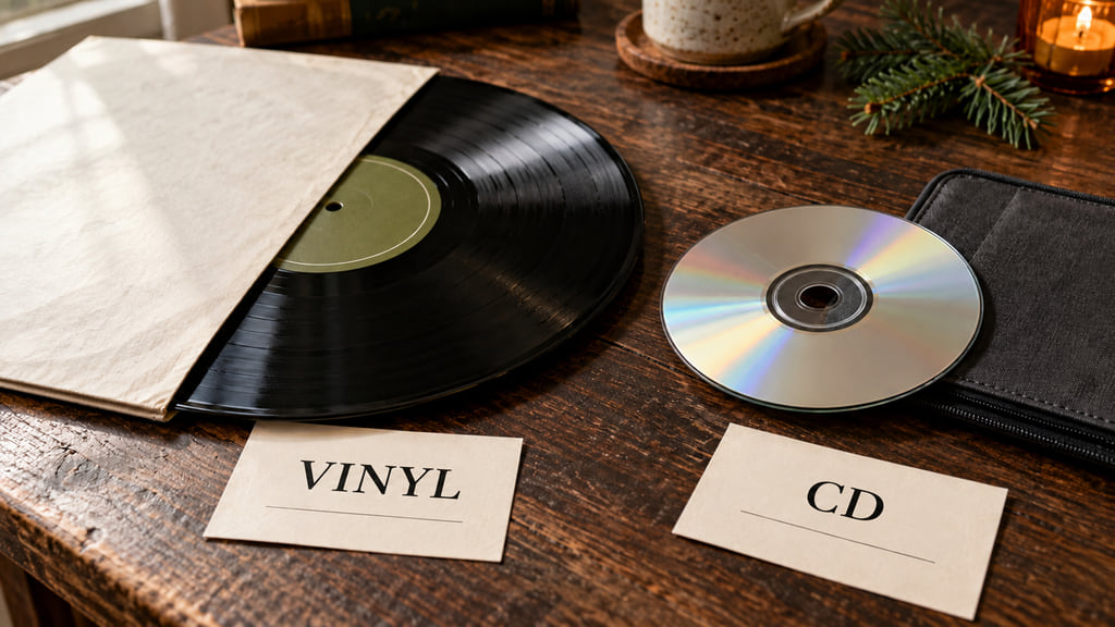 A vinyl record and compact disc sit beside VINYL and CD cards on an oak listening table.