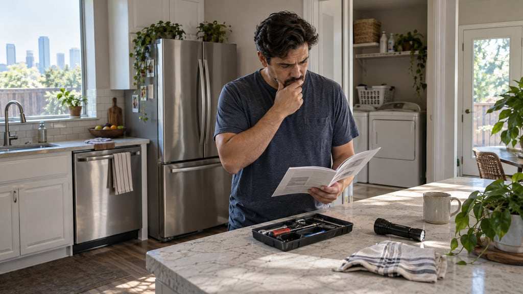 Houston homeowner reviews an appliance manual before deciding whether a kitchen appliance needs repair.