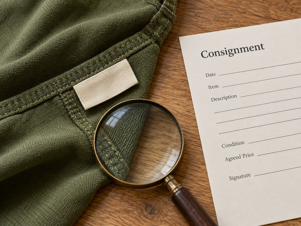A garment seam and blank fabric label beside a sample consignment sheet and magnifier.