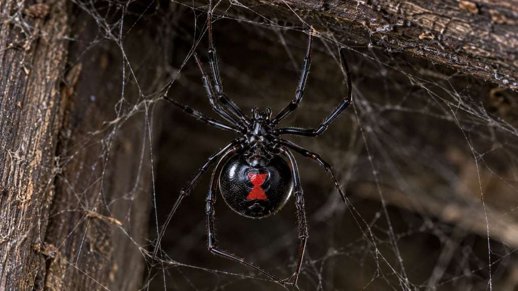 Glossy southern black widow showing a red hourglass while hanging in a tangled web.