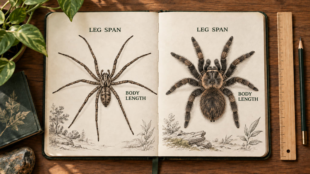 An open field notebook shows long-legged and stockier spider drawings beside a ruler.