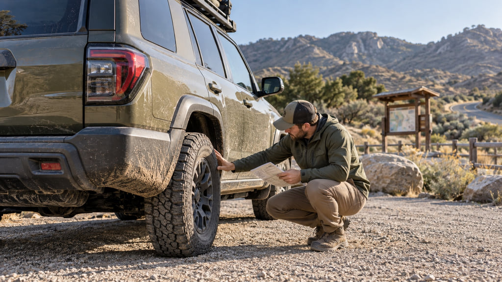 Editorial illustration of an owner checking the tire condition of an unbranded rugged SUV at a gravel trailhead.