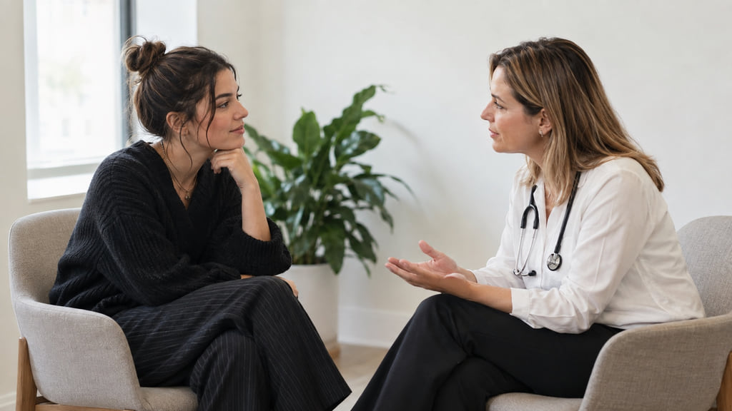 Adult fashion worker having a private, supportive conversation with a healthcare professional.