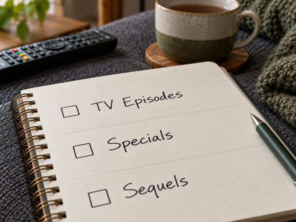 A notebook separates TV Episodes, Specials, and Sequels into three checklists beside a remote and tea.