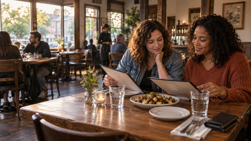 Two friends compare menus beside a shared appetizer and water glasses in a neighborhood restaurant.