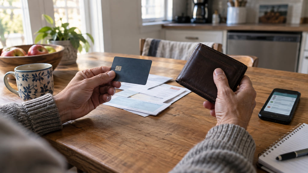 Consumer comparing an unbranded payment card and wallet beside household bills and transaction alerts.