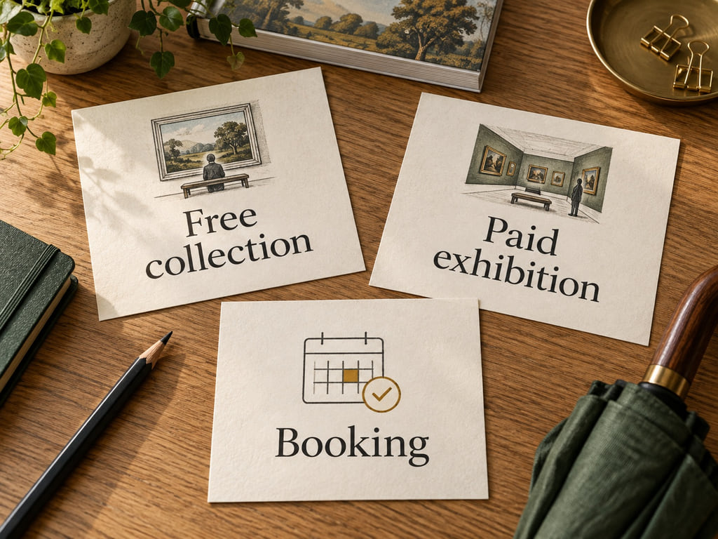 Three planning cards separate a free collection, paid exhibition, and booking.