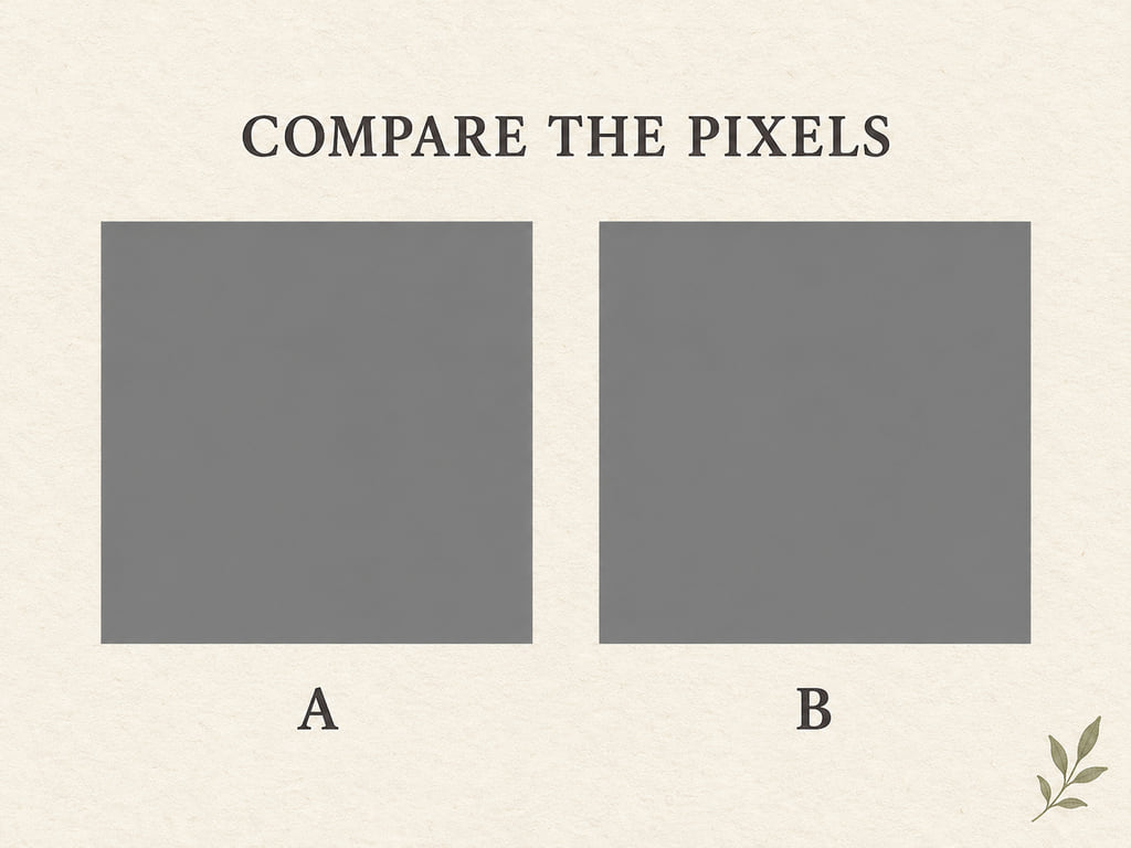 Two gray square samples labeled A and B on an ivory card headed Compare the Pixels.