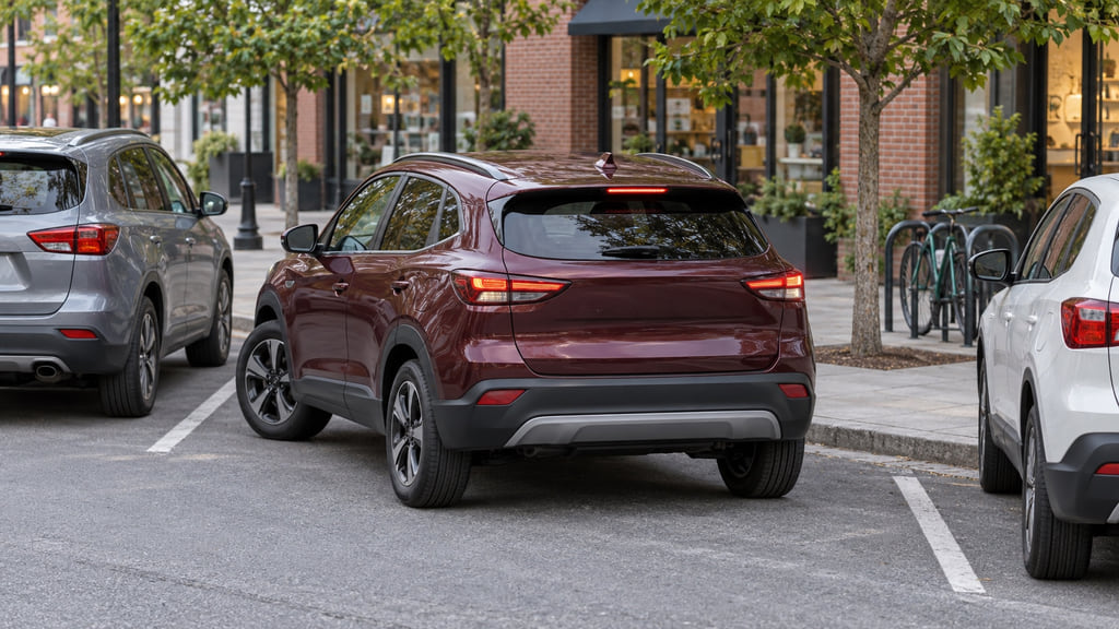 Editorial illustration of a badge-free compact crossover parking on a tree-lined urban street.
