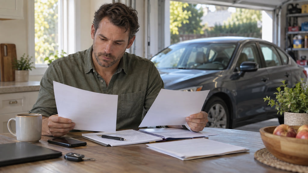 Driver comparing unbranded auto insurance documents at a kitchen table beside a parked sedan.
