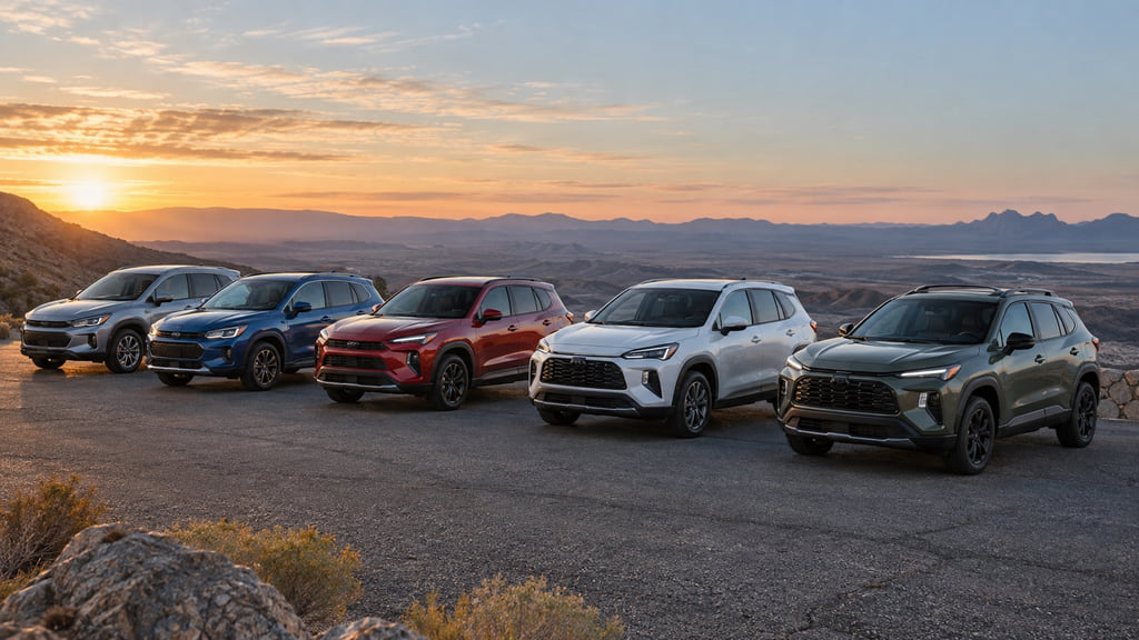 Editorial illustration of five compact SUVs at a desert highway overlook at sunrise.