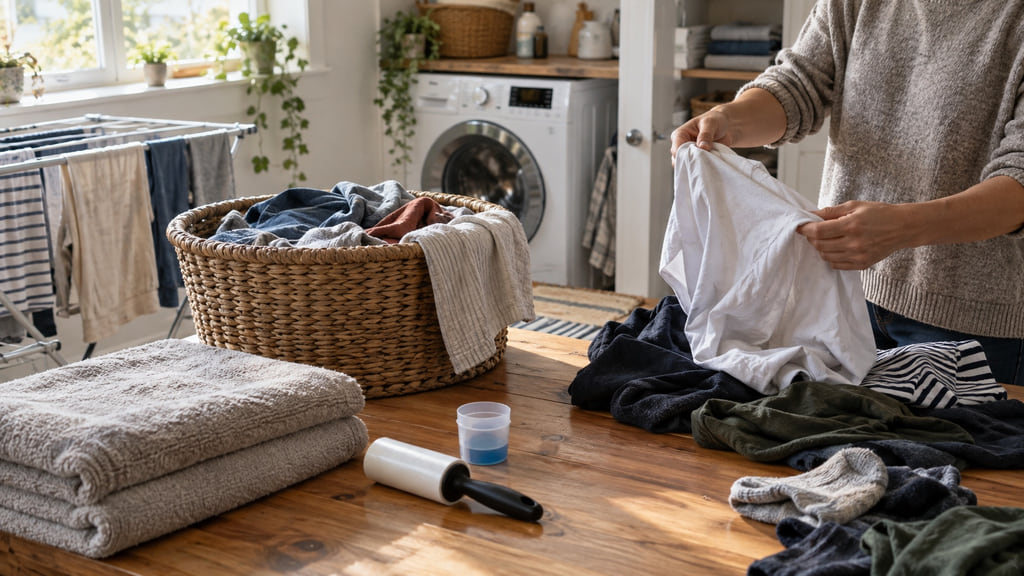 Home laundry workspace with a washer, drying rack, folded towels, lint roller, detergent cap, and clothes being sorted.