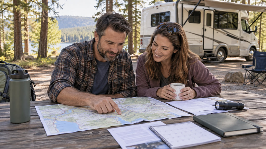 Two travelers review a map, reservation papers, calendar, and flashlight at an RV campsite table.