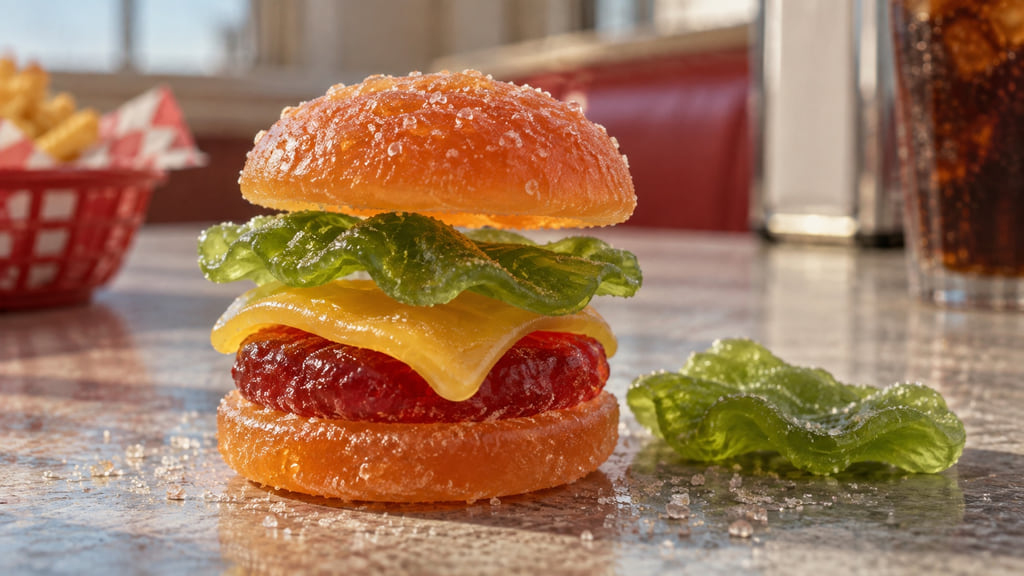 A layered miniature gummy burger with orange bun, green lettuce, yellow cheese, and red patty shapes.