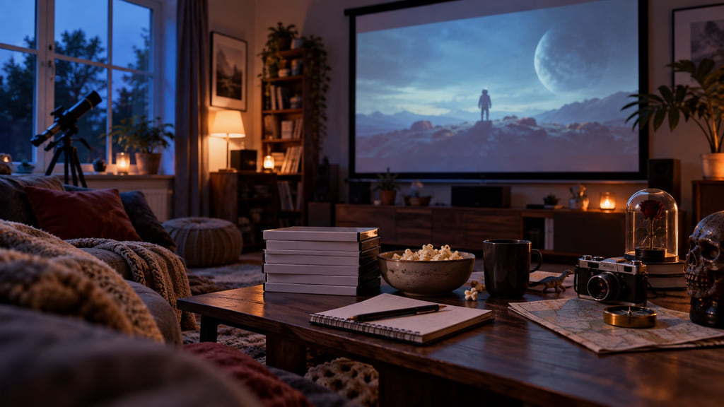 Home screening room prepared for a movie-night shortlist across several genres.