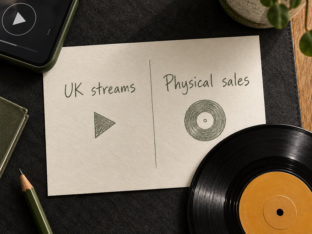 A paper sheet separates UK streams from physical sales beside a phone and vinyl single.