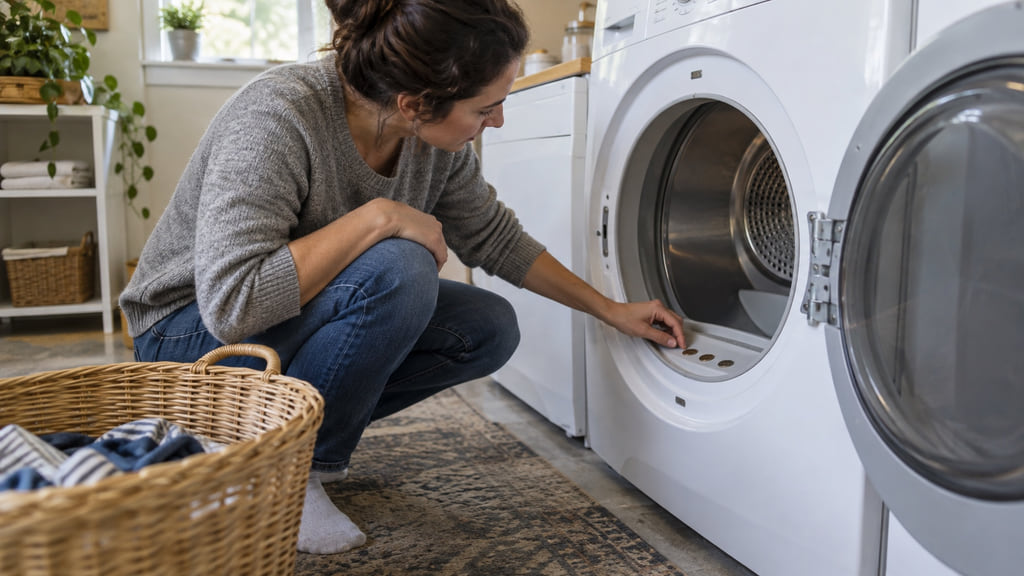Homeowner checking an open clothes dryer drum where a few forgotten coins rest near the door.