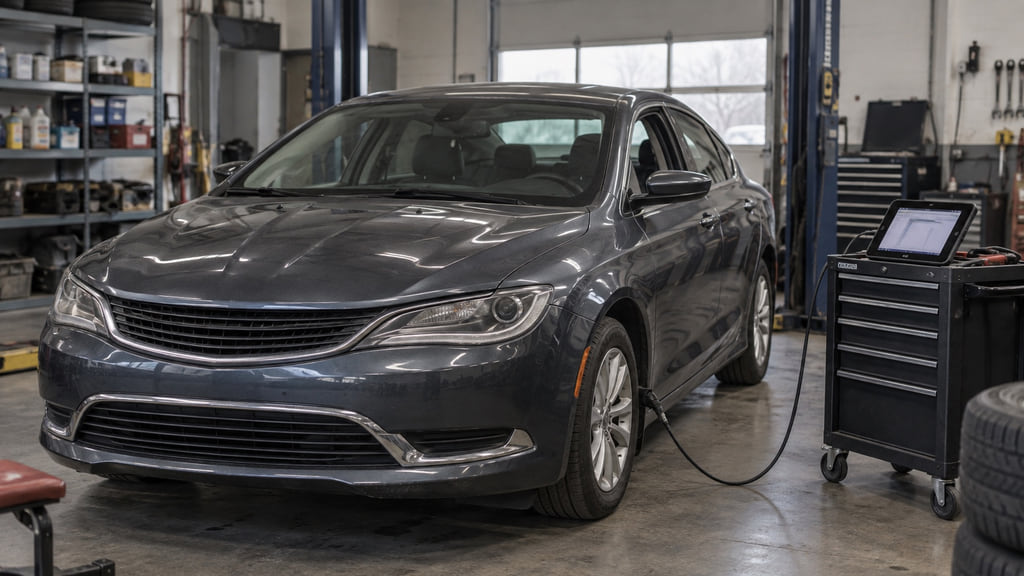 A dark gray midsize sedan connected to diagnostic equipment inside an independent workshop.