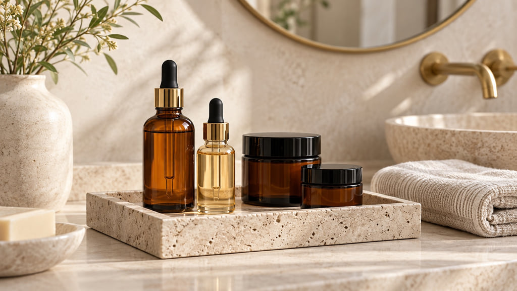 Amber glass skincare bottles and jars on a natural stone vanity tray.