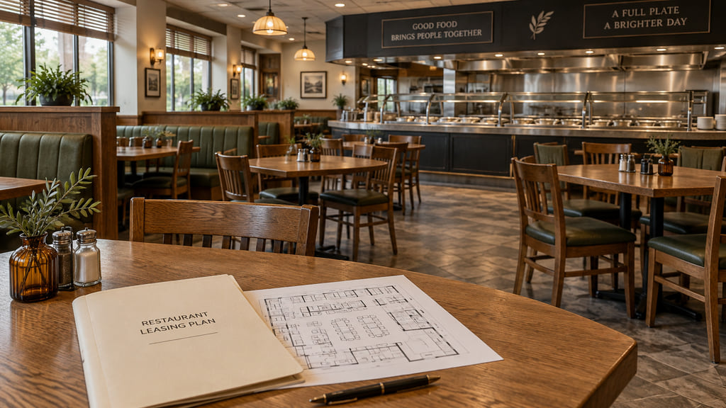 Empty buffet dining room with an archive folder and a generic floor plan on an oak table.