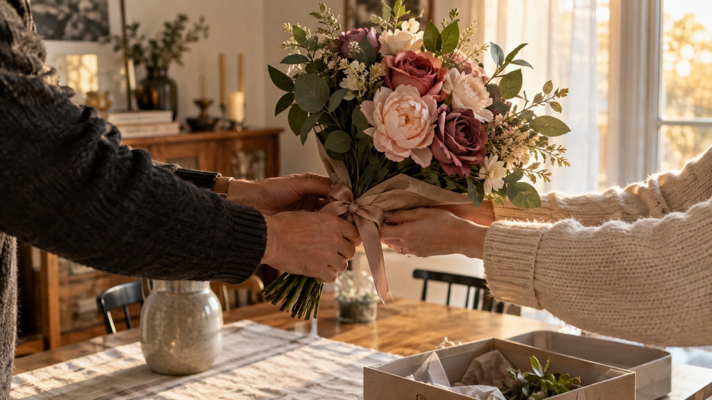 Two people exchange a handcrafted artificial bouquet in a warm sunlit dining room.