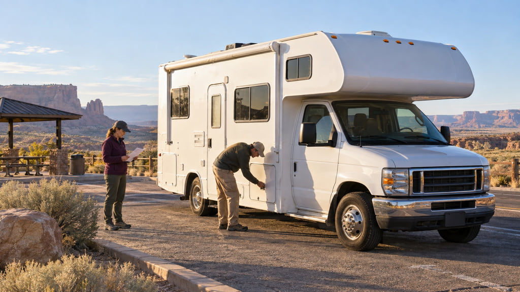 Two travelers perform a calm pre-departure walk-around beside an unbranded RV at a desert rest area.