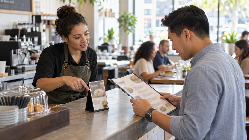 Cafe server points out an unbranded specials card while a customer compares it with the regular menu.